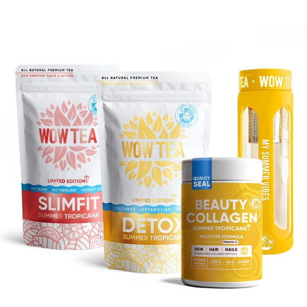 Summer Tropicana Detox Tea + Summer Tropicana Slimfit Tea + Summer Tropicana Collagen + Yellow Tea Infuser Bottle